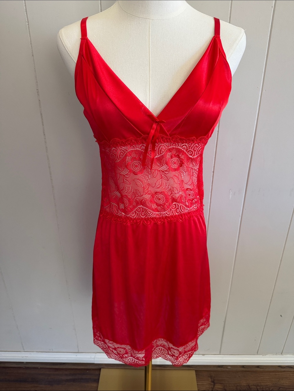 Tracy Red Lace-Trim Satin Slip Dress Lingerie Nightgown Small Boudoir Glam